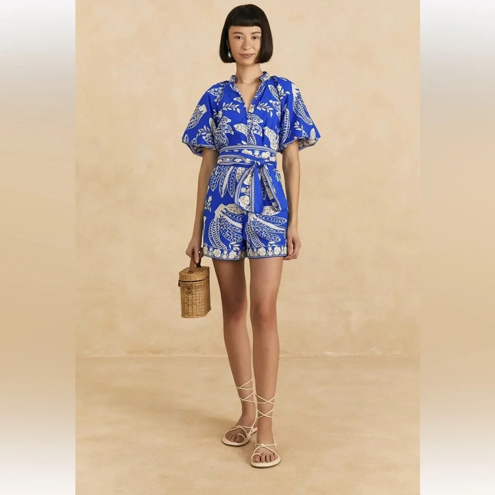FARM Rio Blue & White Paisley Short Jumpsuit - Picture 1 of 7